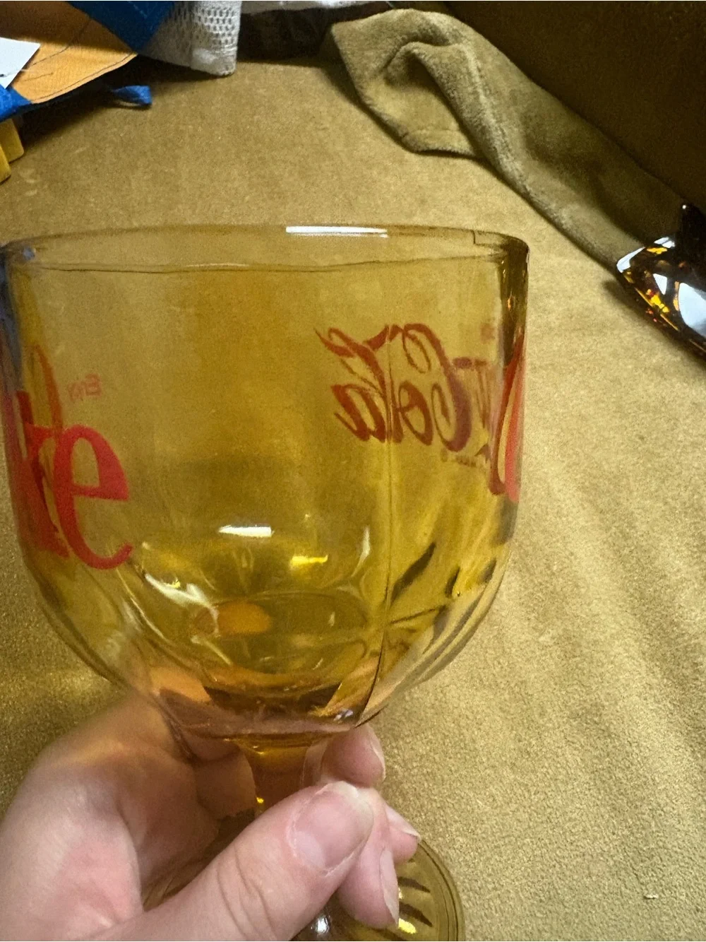 Coca-Cola Amber Goblet Glass with Red Logo vintage